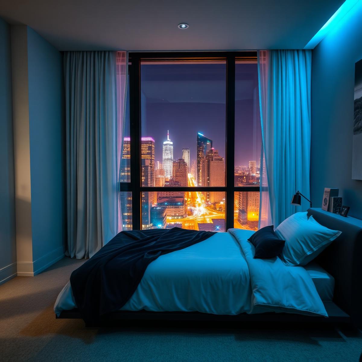 Quarto com cortinas automatizadas